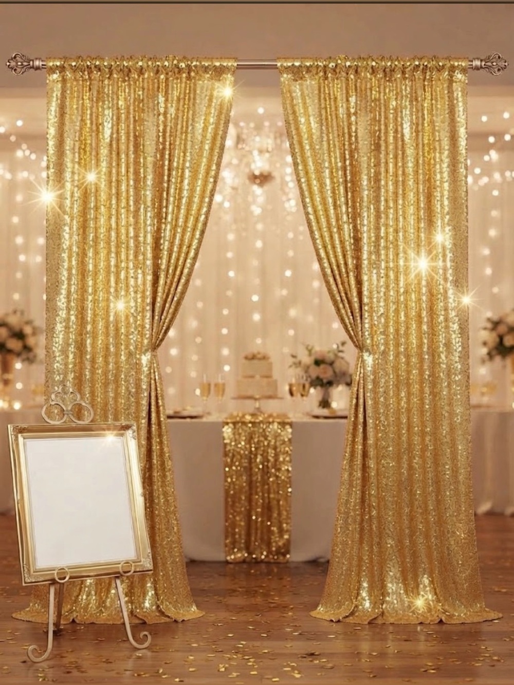 Gold Sequin Party Backdrop Drapes – Elegant Event Curtains 2X 8 FT (2 paneles)